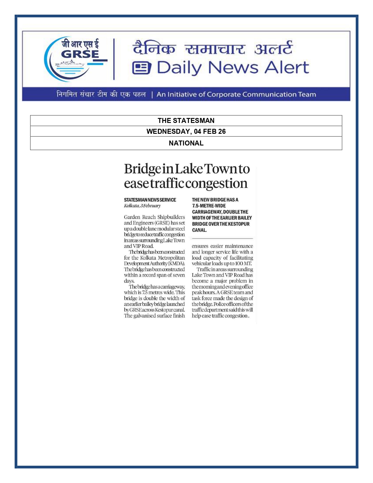  Press Coverage: 04 FEB 26: MILLENNEUM POST 